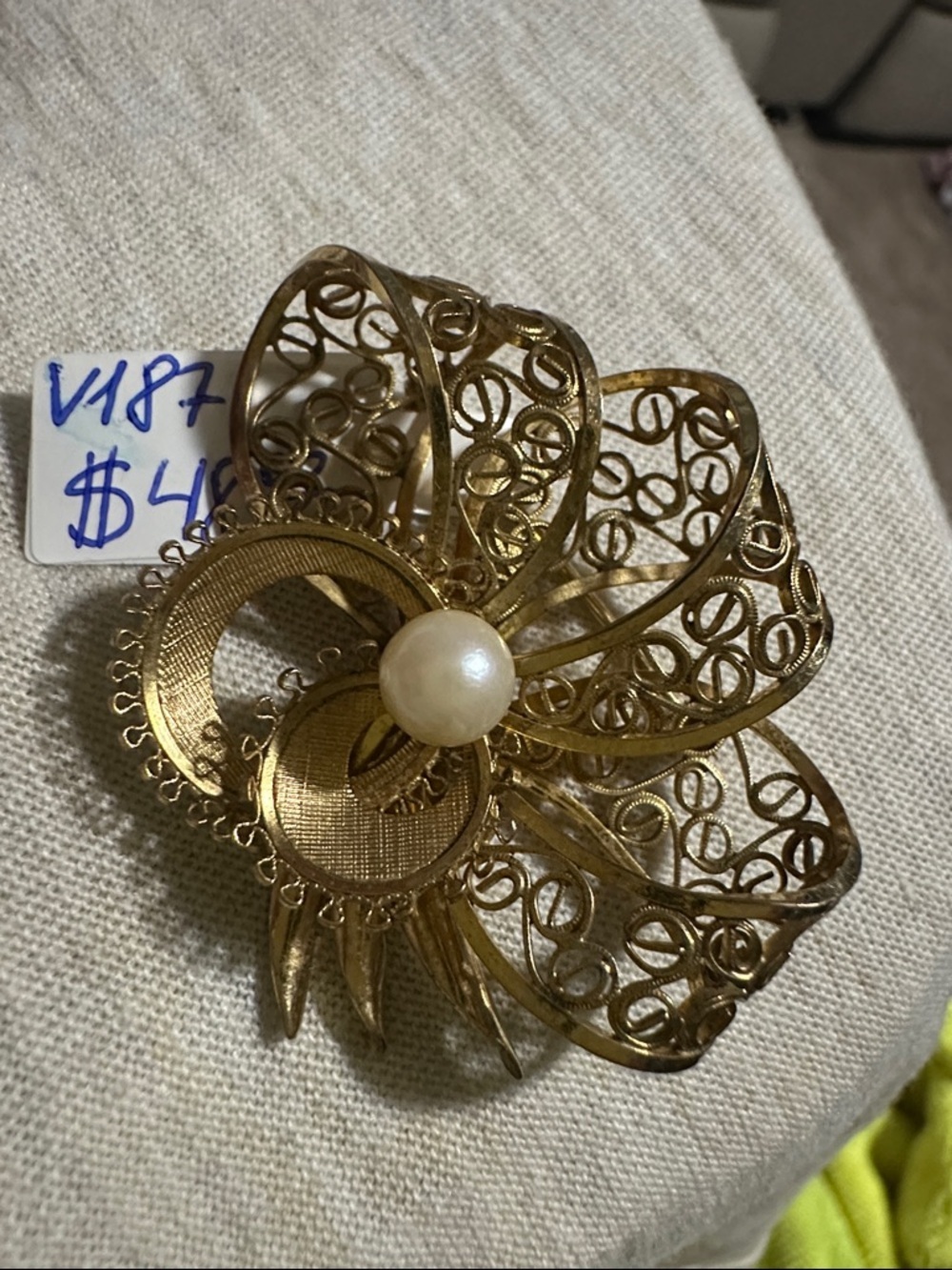 Gold Filigree Flower Brooch with Pearl Center